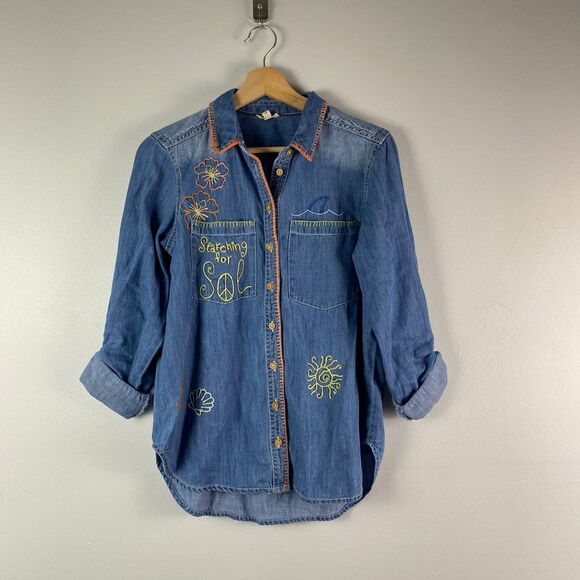 Anthropologie Pilcro Embroidered Icon Long Sleeve Denim top - Picture 3 of 11